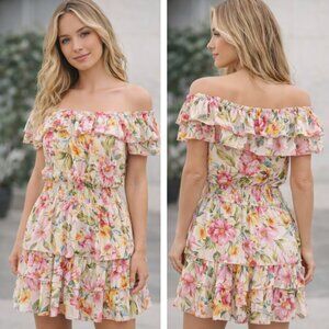 NEW w/ Tag Lavender Brown Off Shoulder Floral Ruffle Mini Dress, Size Small